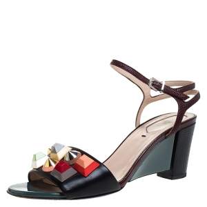 Pre Owned Fendi Multicolor Lizard Embossed And Leather Fantasia Studded Ankle Strap Sandals Size 37.5