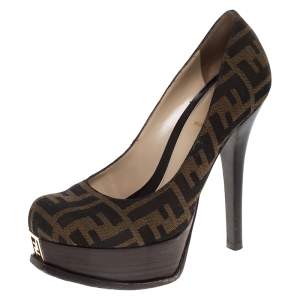 Pre Owned Fendi Tobacco Zucca Canvas Fendista Platform Pumps Size 37