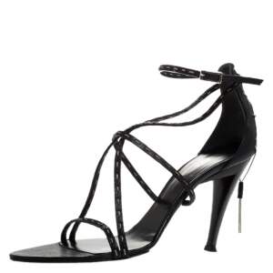 Fendi Black Leather White Stitch And Metal Chain Detail Strappy Sandals Size 39.5