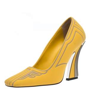 Pre Owned Fendi Yellow/Grey Neoprene And Rubber Square Toe Ffreedom Pumps Size 37