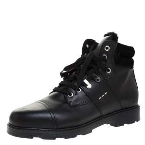 Fendi Black Leather And Fur Trim Lace Up Ankle Boots Size 39