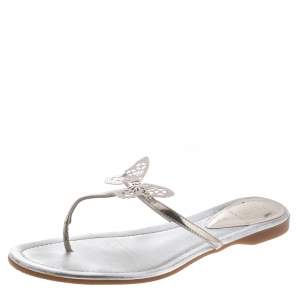 Pre Owned Fendi Metallic Silver Leather Butterfly Embellished Thong Sandals Size 38.5