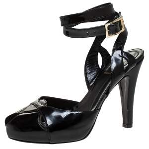 Fendi Black Patent Leather Peep Toe Platform Ankle Wrap Sandals Size 39