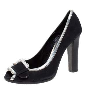 Pre Owned Fendi Black/Silver Canvas And Leather Trim B Buckle Peep Toe Pumps Size 38