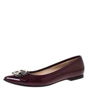 Pre Owned Fendi Maroon Patent Leather Buckle Detail Pointed Toe Ballet Flats Size 39.5