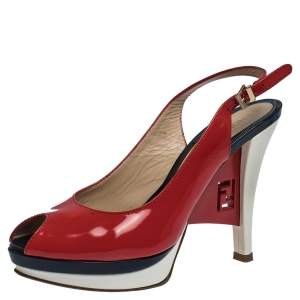 Fendi Tricolor Patent Leather Decollete Slingback FF Wedge Sandals Size 38 