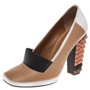 Pre Owned Fendi Multicolor Lizard Embossed Leather and Fabric Polifonia Court Studded Heel Pumps Size 38