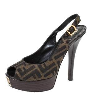 Pre Owned Fendi Tobacco Zucca Canvas Fendista Platform Slingback Sandals Size 39.5