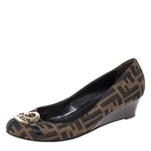 Pre Owned Fendi Brown Zucca Canvas Wedge Pumps Size 40.5