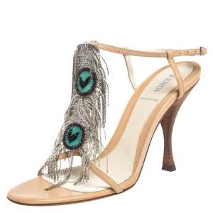 Pre Owned Fendi Beige Leather Metal Peacock Feather T Strap Sandals Size 38
