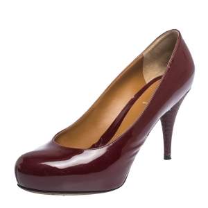 Pre Owned Fendi Burgundy Patent Leather FF Heels Round Toe Platform Pumps Size 39