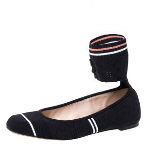 Pre Owned Fendi Black Knit Fabric Rockoko Pointelle Ankle Cuff Ballet Flat Size 40