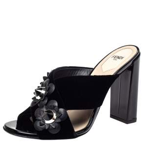 Fendi Black Velvet and Patent Leather Floral Applique Crisscross Sandals Size 38