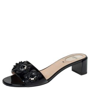 Fendi Black Patent And Leather Flower Stud Slide Sandals Size 38