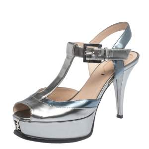 Pre Owned Fendi Metallic Silver/Blue Fendista Platform T-Bar Ankle Strap Sandals Size 37