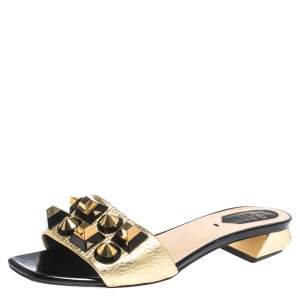 Pre Owned Fendi Gold Leather Studded Open Toe Flat Slides Size 38
