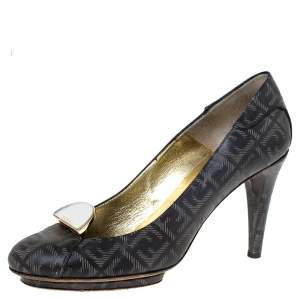 Pre Owned Fendi Dark Grey FF Engraved Leather Mirror Logo Embellished Platform Pumps Size 38.5
