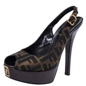 Pre Owned Fendi Tobacco Zucca Canvas Fendista Platform Slingback Sandals Size 39.5