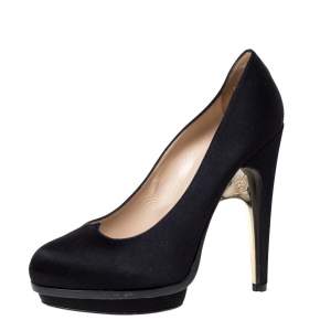 Pre Owned Fendi Black Satin Bridge Heel Platform Pumps Size 38
