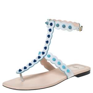 Pre Owned Fendi White Leather Studded Thong Flat Sandals Size 39