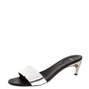 Fendi Metallic Silver Leather Slide Sandals Size 37.5