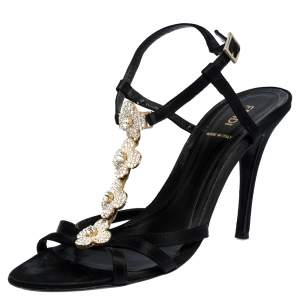 Pre Owned Fendi Black Satin Crystal Embellished Ankle Strap Sandals Size 39