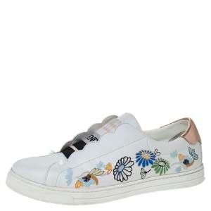 Pre Owned Fendi White Leather With Logo Knit Rockoko Scallop Detail Slip On Sneakers Size 39