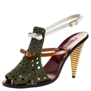 Pre Owned Fendi Multicolor Leather Hole Cutout Bow Slingback Sandals Size 37