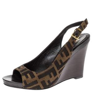Pre Owned Fendi Brown FF Canvas Wedge Open Toe Slingback Sandals Size 36