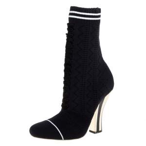Pre Owned Fendi Black Knit Fabric Rockoko Runway Openwork Ankle Boots Size 38