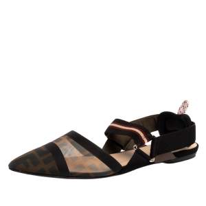 Fendi Black/Brown Zucca Mesh Colibri Slingback Flat Sandals Size 40