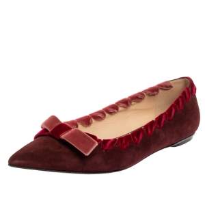 Pre Owned Fendi Burgundy Suede And Velvet Ribbon Stitch And Bow Detail Pointed Toe Ballet Flats Size 37