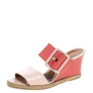 Pre Owned Fendi Pink Patent Leather Demi Wedge Slides Size 36