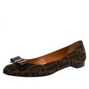 Pre Owned Fendi Tobacco Zucca Canvas and Leather Bow Detail Ballet Flats Size 41
