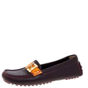 Fendi Burgundy Textured Leather FF Logo Loafers Size 37