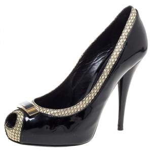 Pre Owned Fendi Black Patent Leather And Gold Leather Trim Peep Toe Platform Pumps Size 36