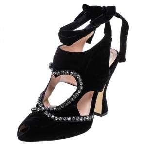 Pre Owned Fendi Black Velvet Crystal Embellished Ankle Wrap Sandals Size 39