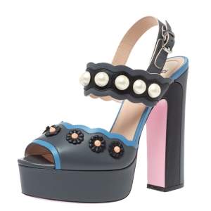 Pre Owned Fendi Grey Leather Pearl Studded Platform Ankle Strap Sandals Size 39
