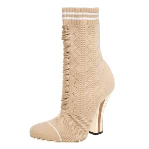 Pre Owned Fendi Beige Knit Fabric Rockoko Runway Openwork Ankle Boots Size 37