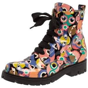 مملوكة مسبقًا Fendi Multicolor Bag Bugs Printed Patent Leather Combat Boots Size 35