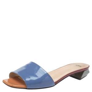 Pre Owned Fendi Blue Patent Leather Open Toe Slide Sandals Size 39.5
