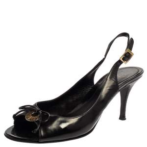 Pre Owned Fendi Black Patent Leather Logo Plaque Peep Toe Slingback Sandals Size 38