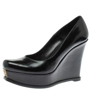 Pre Owned Fendi Black Leather Fendista Wedge Pumps Size 40