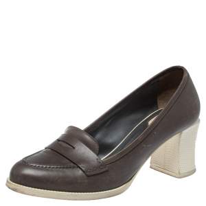 Pre Owned Fendi Brown Leather Karung Accented Penny Loafer Pumps Size 37.5
