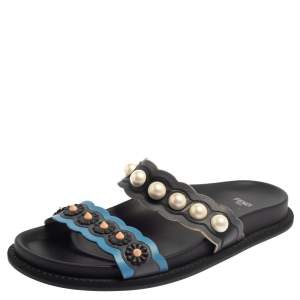 Pre Owned Fendi Multicolor Leather Faux Pearl Embellished Flat Slides Size 40