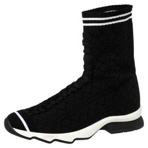 Pre Owned Fendi Black Knit Fabric Sock High Top Sneakers Size 37.5