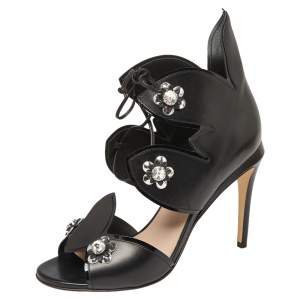Pre Owned Fendi Black Leather Flowerland Embellished Sandals Size 38