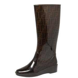 Pre Owned Fendi Tobacco Zucca Rubber Mid Calf  Rain Boots Size 39