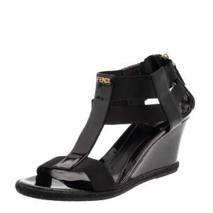 Pre Owned Fendi Black Patent Leather And Elastic T-Strap Espadrille Wedge Sandals Size 37.5