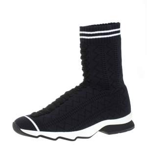 Pre Owned Fendi Black/Blue Knit Fabric Sock High Top Sneakers Size 39